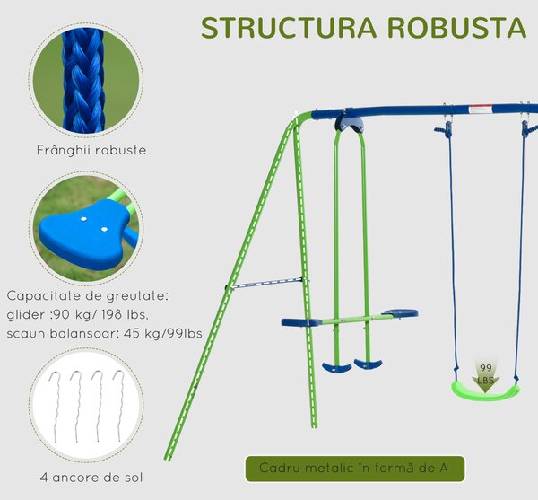 Outsunny Set Leagăn de Grădină cu Leagăn Dublu și 2 Leagăne Simple, 280x140x178 cm, Verde | Aosom Romania