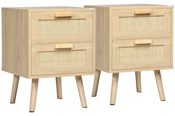 HOMCOM Set 2 Noptiere Boho Elegante, Mobilier Dormitor cu 2 Sertare, 40x40x56cm, Lemn Natural | Aosom Romania