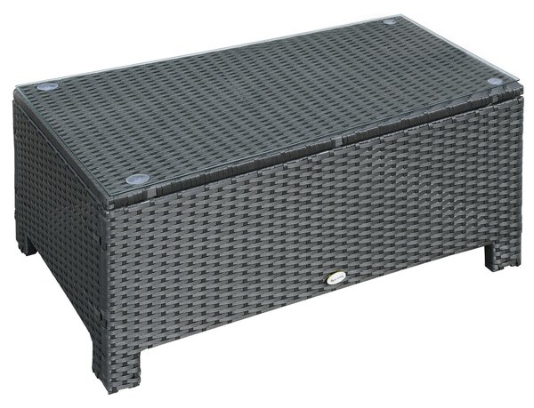 Outsunny Mobilier pentru Terasă, Măsuță de Cafea din Răchită, Rezistentă la Apă, cu Blat din Sticlă Securizată, 86x50x39cm, Negru | Aosom Romania