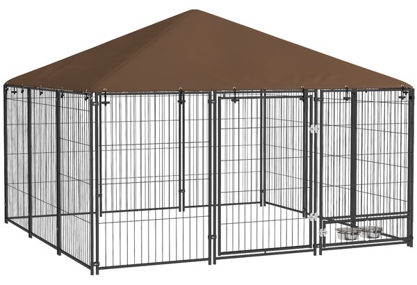 PawHut Tarc Câini din Metal cu Ușă pentru Bol, Padoc caine pentru Exterior cu Acoperiș din țesătură Oxford, 211x211x151 cm, Negru | Aosom Romania