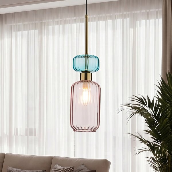 Milagro Lighting Lampă suspendată Molly, roz/auriu, 1 bec, sticlă, Ø 12 cm, reglabil, Roz / Rosé, Camera de zi / sufragerie, Sticlă, Modern