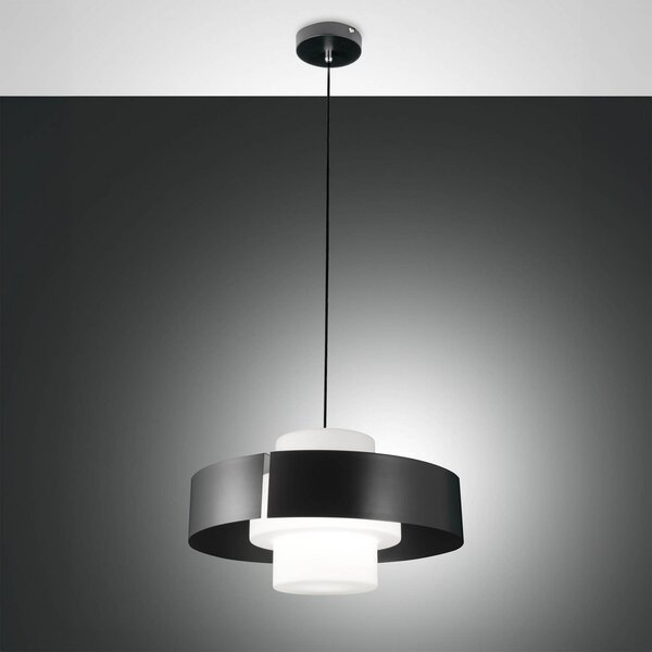 Fabas Luce Lampă suspendată Loto, negru, Ø 45 cm, metal, sticlă, E27, reglabil, Negru, Camera de zi / sufragerie, Metal