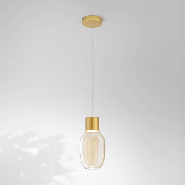 Fabas Luce Lampă suspendată LED Lapo, 1 bec, culoare coniac, Ø 16cm, sticlă, reglabil, Auriu / Alamă, Camera de zi / sufragerie, Sticlă