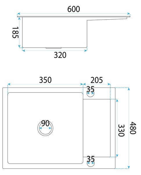Rea Paul, chiuvetă din oțel cu 1 compartiment 600x480x185 mm, negru mat, ZLE-06011