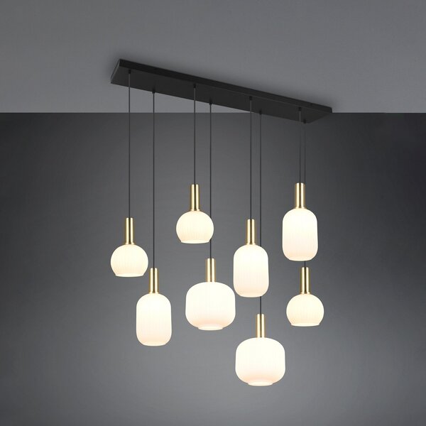 Trio Lighting Lampă suspendată Diva, 8 becuri, culoarea alamei, opal, metal, sticlă, reglabil, Alb, Camera de zi / sufragerie, Sticlă