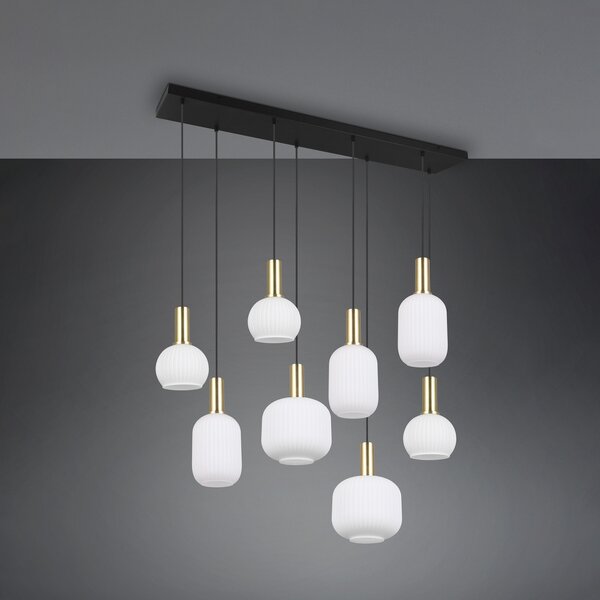 Trio Lighting Lampă suspendată Diva, 8 becuri, culoarea alamei, opal, metal, sticlă, reglabil, Alb, Camera de zi / sufragerie, Sticlă