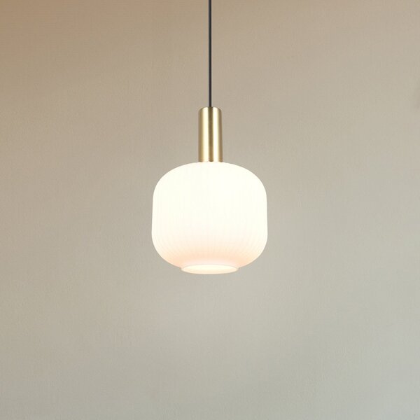 Trio Lighting Lampă suspendată Diva, 1 bec, culoarea alamei, opal, metal, sticlă, reglabil, Alb, Camera de zi / sufragerie, Sticlă