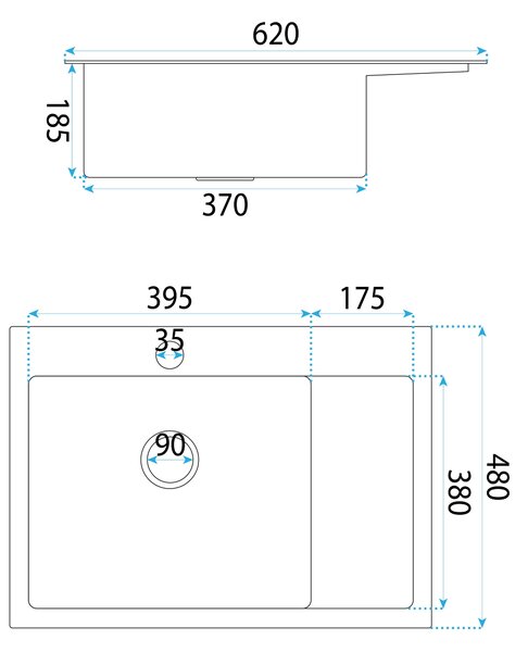 Rea Fin, chiuvetă din oțel cu 1 compartiment 620x480x185 mm, oțel periat, ZLE-06012