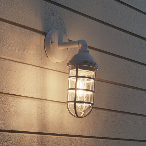 Konstsmide Aplică de exterior Olbia, alb, aluminiu, înălțime 33 cm, reglabil, Alb, Aluminiu, Soclu de perete jos