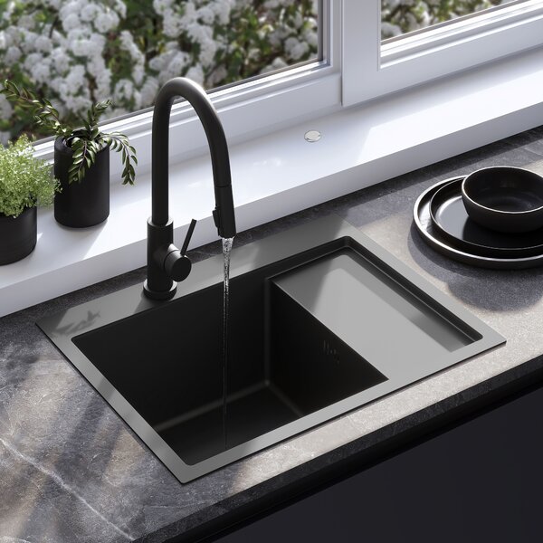 Rea Fin, chiuvetă din oțel cu 1 compartiment 620x480x185 mm, negru mat, ZLE-06014