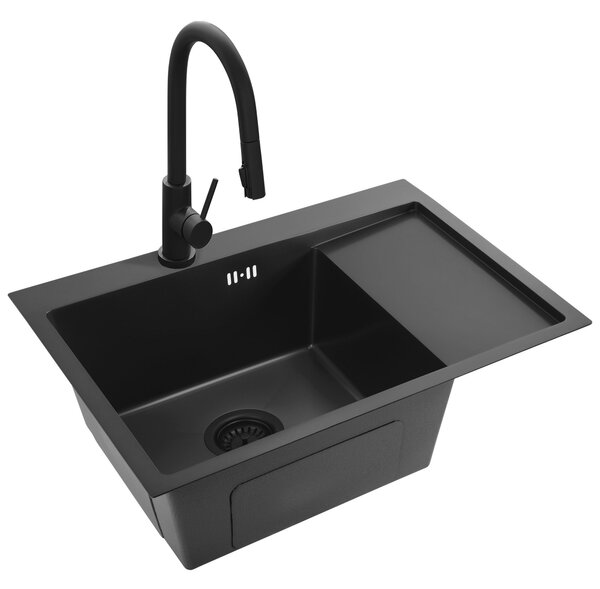 Rea Fin, chiuvetă din oțel cu 1 compartiment 620x480x185 mm, negru mat, ZLE-06014