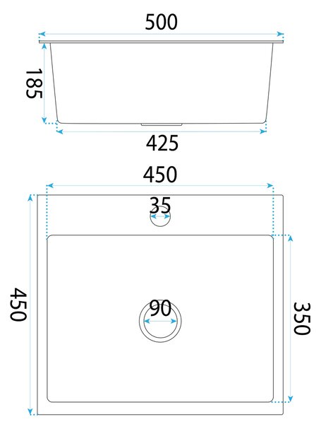 Rea Leo, chiuvetă din oțel cu 1 compartiment 500x450x185 mm, negru mat, ZLE-06005