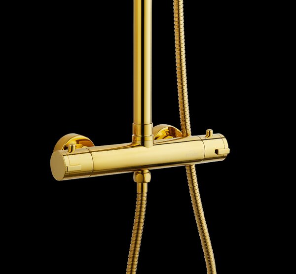 Invena Trend, set de dus cu robinet termostatic, dus cu efect de ploaie de mana si deasupra capului, auriu lucios, INV-AU-16-009-X