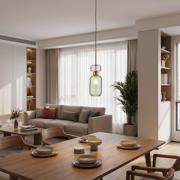 Milagro Lighting Lampă suspendată Molly, verde/auriu, 1 bec, sticlă, Ø 12 cm, reglabil, Verde, Camera de zi / sufragerie, Sticlă, Modern