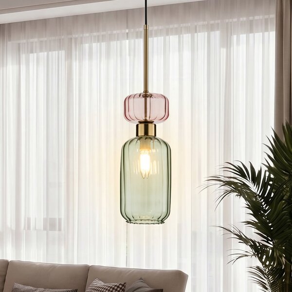 Milagro Lighting Lampă suspendată Molly, verde/auriu, 1 bec, sticlă, Ø 12 cm, reglabil, Verde, Camera de zi / sufragerie, Sticlă, Modern