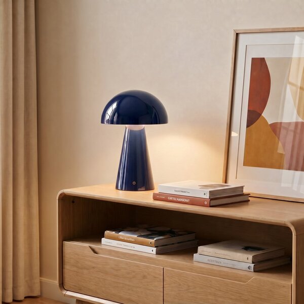 Lindby LED lampă de masă reîncărcabilă Nevijo, albastru, Ø20cm, USB,, reglabil, Albastru, Camera de zi / sufragerie, Metal, Modern