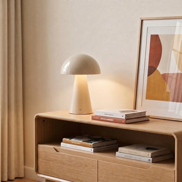 Lindby LED lampă de masă reîncărcabilă Nevijo, bej, Ø20cm, USB, dimabil, reglabil, Bej, Camera de zi / sufragerie, Metal, Modern