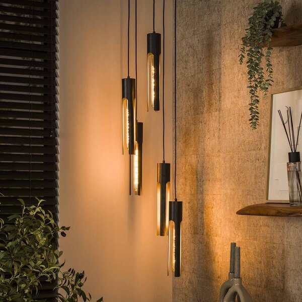 Zijlstra Lampă suspendată tub, negru, Ø 30 cm, metal, 5 becuri, reglabil, Negru, Camera de zi / sufragerie, Metal, Modern