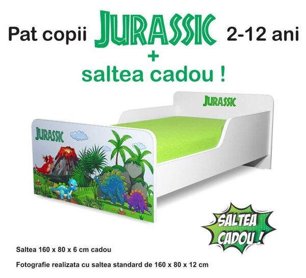 Pat copii Start Jurassic 2-12 ani cu saltea cadou - PC-P-MOK-JUR-80