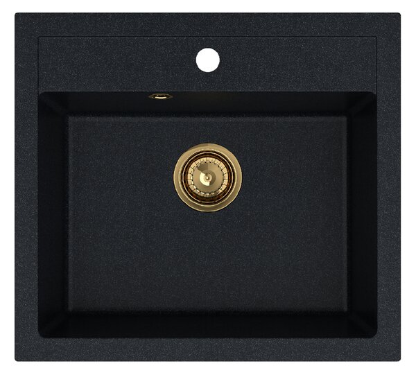 SINK Quality Chiuveta Quality Ferrum, chiuveta granit bucatarie 565x510x205 mm + sifon auriu, pete negre-Brocart, SKQ-FER.B.1K60.XG