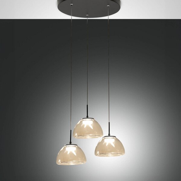 Fabas Luce Lampă suspendată LED Lucille, 3 becuri, culoare coniac, CCT, reglabil, Negru, Camera de zi / sufragerie, Sticlă