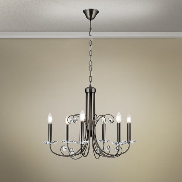ORION Candelabru Ariane, nichel, Ø 67,5 cm, cristal, 6 becuri., reglabil, Metalic, Camera de zi / sufragerie, Metal