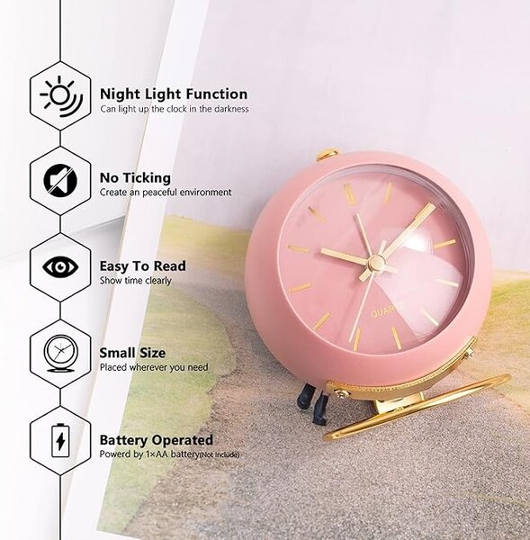 Ceas desteptator Luxury analogic , design clasic din metal, functie silentioasa cu iluminare de noapte, Rose/Auriu
