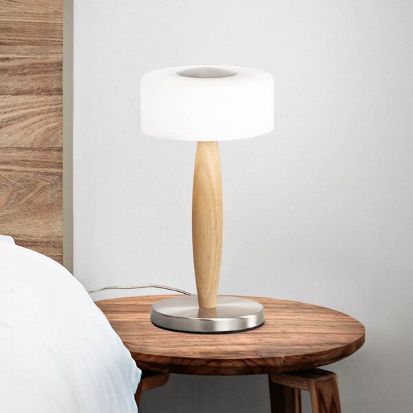 Fabas Luce Lampă de masă Elea LED, culoare nichel, înălțime 29 cm, sticlă, lemn, reglabil, Lemn, Camera de zi / sufragerie, Lemn