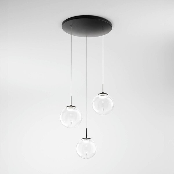 Fabas Luce Lampă suspendată LED Ariel, 3 becuri, rotundă, variator pas cu pas, CCT, reglabil, Negru, Camera de zi / sufragerie, Sticlă, Modern