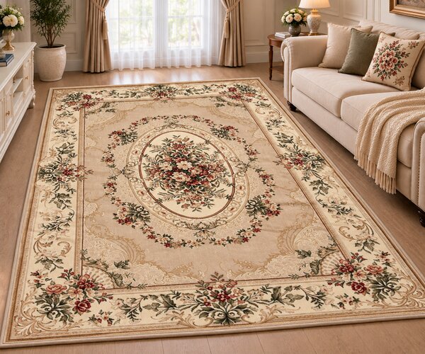 Covor Clasic Sufragerie Dormitor, Model Lotos 1557 110, Crem Bej Crem, 80x200