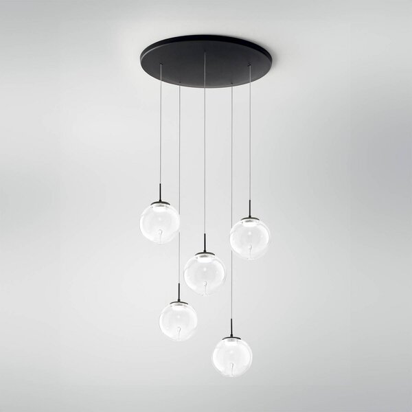 Fabas Luce Lampă suspendată LED Ariel, 5 becuri, rotundă, variator pas cu pas, CCT, reglabil, Negru, Camera de zi / sufragerie, Sticlă, Modern