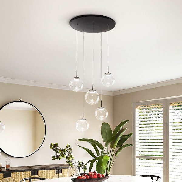 Fabas Luce Lampă suspendată LED Ariel, 5 becuri, rotundă, variator pas cu pas, CCT, reglabil, Negru, Camera de zi / sufragerie, Sticlă, Modern