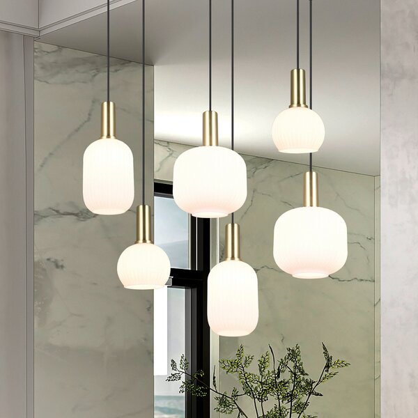 Trio Lighting Lampă suspendată Diva, 6 becuri, culoarea alamei, opal, metal, sticlă, reglabil, Alb, Camera de zi / sufragerie, Sticlă