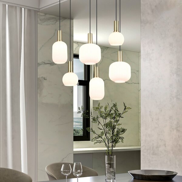 Trio Lighting Lampă suspendată Diva, 6 becuri, culoarea alamei, opal, metal, sticlă, reglabil, Alb, Camera de zi / sufragerie, Sticlă