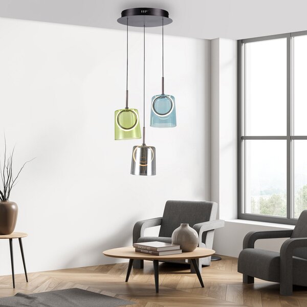 Paul Neuhaus Lampă suspendată LED Zula, Ø 40 cm, colorată, 3 becuri., reglabil, Multicolor, Camera de zi / sufragerie, Sticlă, Modern