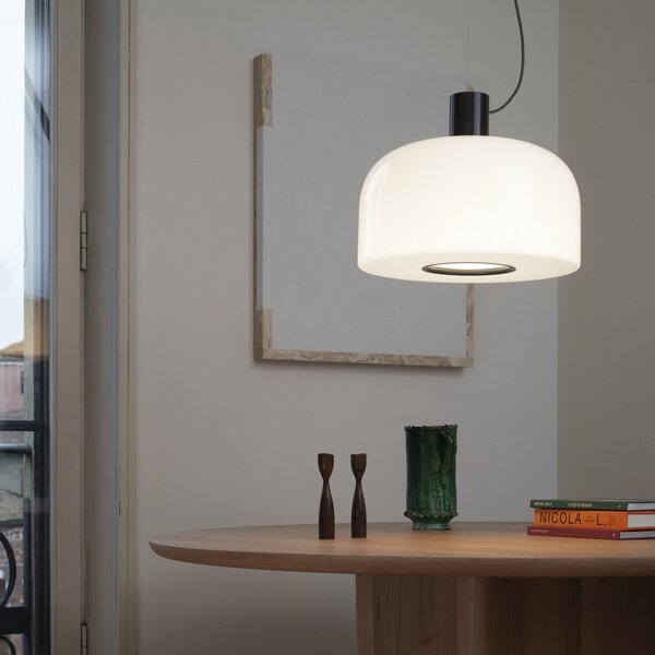 FLOS Bellhop Sticlă S2 lampă suspendată, maro ciocolată, Ø 45 cm, reglabil, Alb, Camera de zi / sufragerie, Sticlă