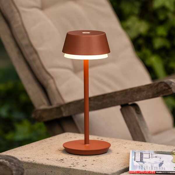 Konstsmide Lampă de masă LED reîncărcabilă Lyon, teracotă, IP54, dimabil, CCT, RGB, reglabil, Maro / Rugină, Aluminiu, Modern