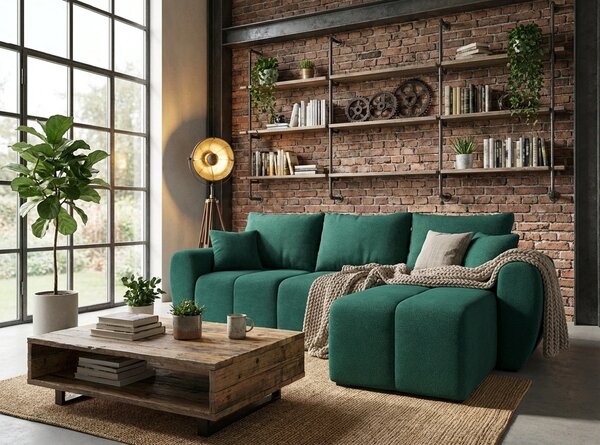 Coltar extensibil de colt SEVIO, verde sticla, reversibil, 246x145 cm + 2 perne GRATUIT