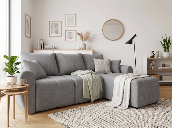 Coltar extensibil de colt SEVIO, gri, reversibil, 246x145 cm + 2 perne GRATUIT
