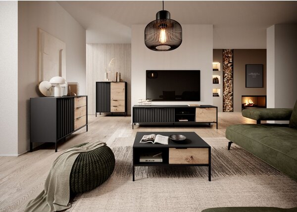 Masa RTV neagra in decor artizanal stejar RAVE 153 2D