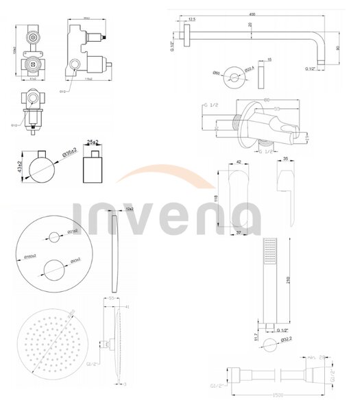 Invena Siros, set de duș ascuns cu corp cu 2 ieșiri, negru mat, INV-BS-90-012-A
