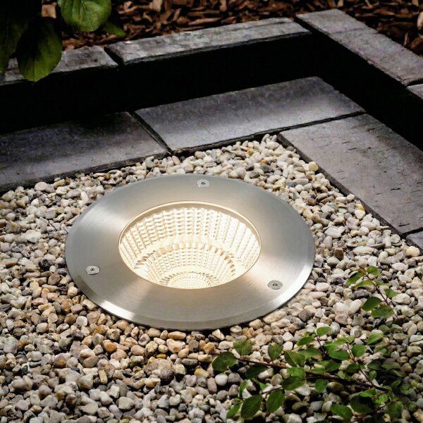 Arcchio Spot de podea încastrat cu LED Thentos, Ø 18 cm, 60°, nichel, IP67, Metalic, Oțel inoxidabil