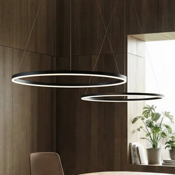 Arcchio Lampă suspendată LED Albiona, negru, 1 inel, Ø 80 cm, reglabil, Negru, Bucătărie, Metal, Modern
