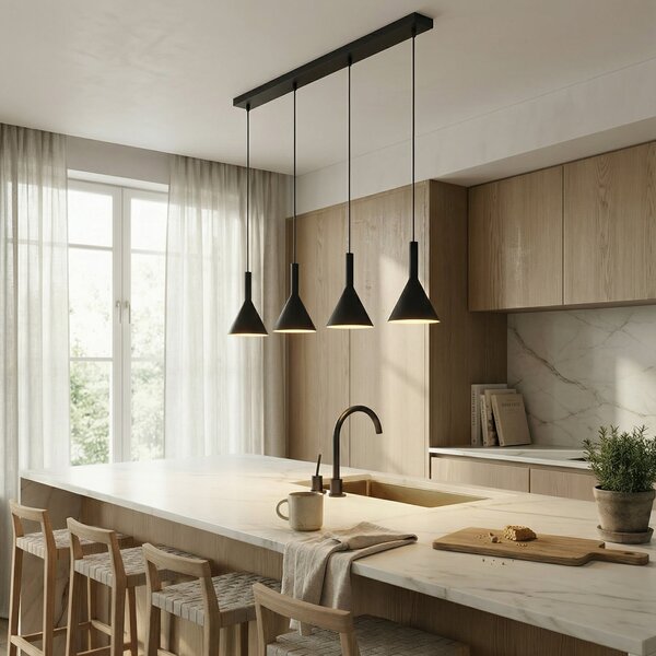 Arcchio lampă suspendată Tadej, 4 becuri, alb-negru, metal, E27, reglabil, Negru, Camera de zi / sufragerie, Metal, Modern