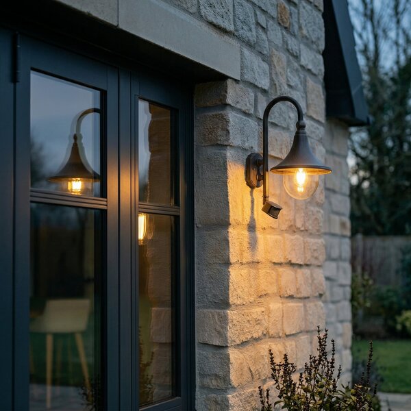 Lindby lampă de perete pentru exterior Daphne, negru antichizat, senzor, E27, reglabil, Negru, Aluminiu, Antichitate