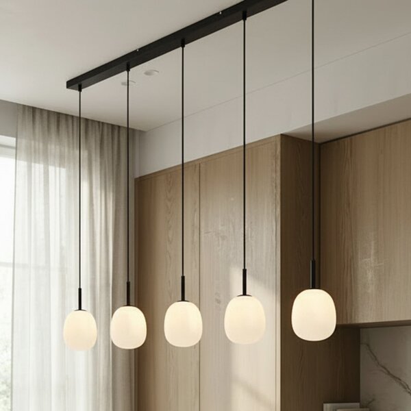 Lindby Etiena lampă Lindby, 5 becuri, sticlă opal, reglabil, Negru, Camera de zi / sufragerie, Sticlă, Modern