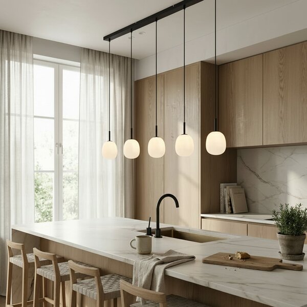 Lindby Etiena lampă Lindby, 5 becuri, sticlă opal, reglabil, Negru, Camera de zi / sufragerie, Sticlă, Modern