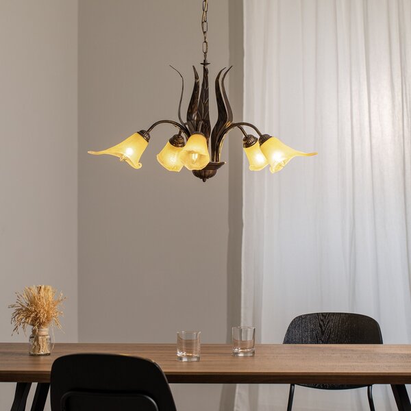 ONLI Lampă suspendată Alga, 5 becuri, fier, sticlă, Florentin, reglabil, Bronz / Alamă Veche, Camera de zi / sufragerie, Metal, Florentin