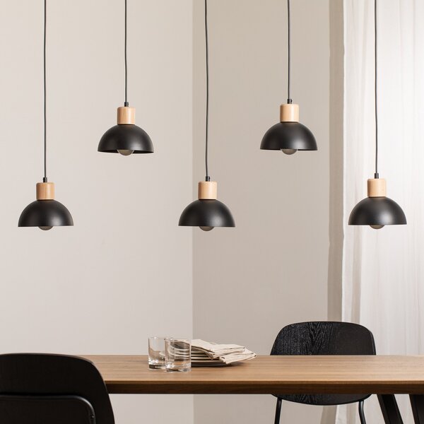 EMIBIG LIGHTING Lampă suspendată Seco, lungime 116 cm, negru, metal/lemn, 5 becuri., reglabil, Negru, Camera de zi / sufragerie, Metal