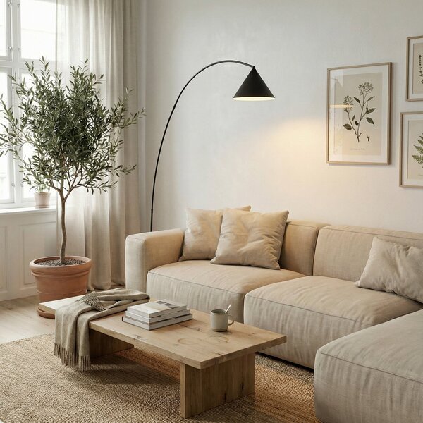 Lindby Lampă arcuită Triangolo, negru, înălțime 195 cm, metal E27, Negru, Camera de zi / sufragerie, Metal, Modern